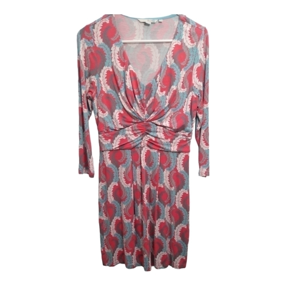 BODEN Teal and Coral Acanthus Leaf Jersey‎ Knit V Neck Sz 8